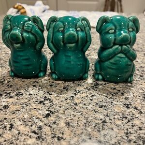 Teal Ceramic Pig Figurines Set Made in Canada